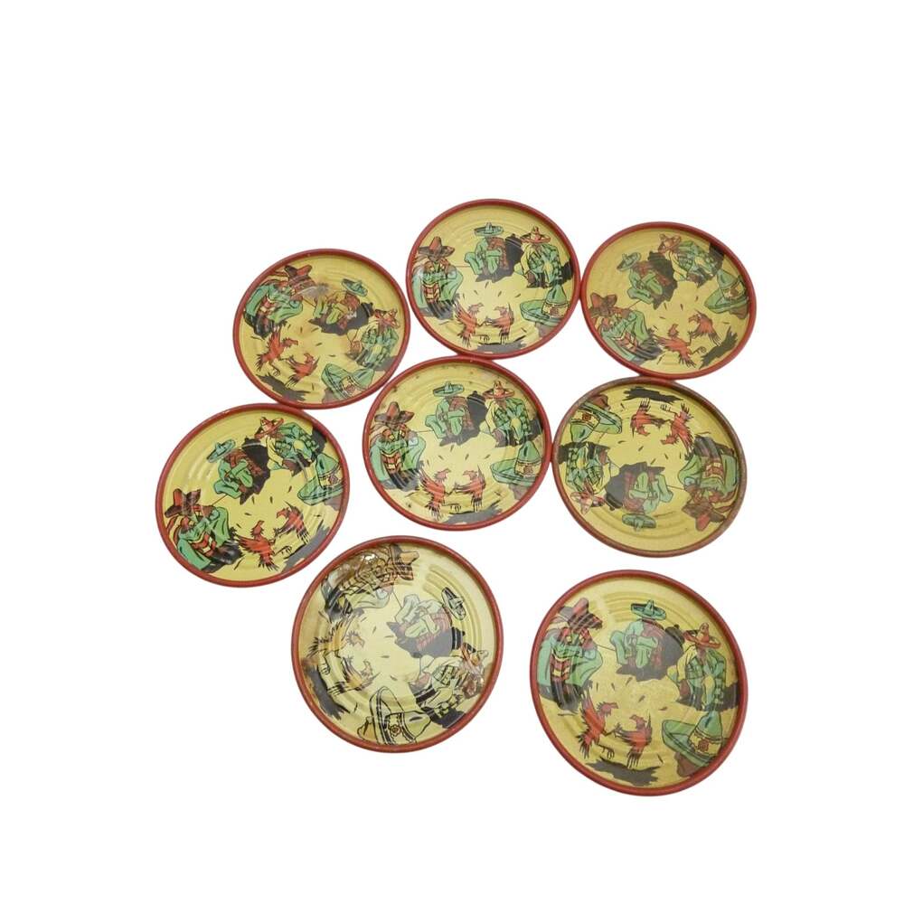 Vintage Mexican Folk Art Tin Litho Coasters Mid Century Rooster Fight Set of 8